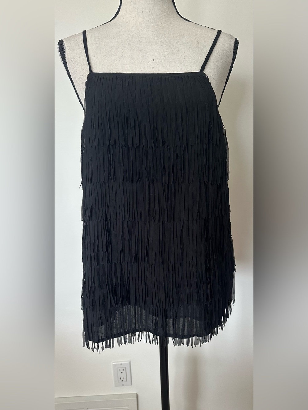 Guess Black Tiered Fringe Cami Tank Top Whimsigoth Dark Fairy Grunge Blouse L - Picture 2 of 10
